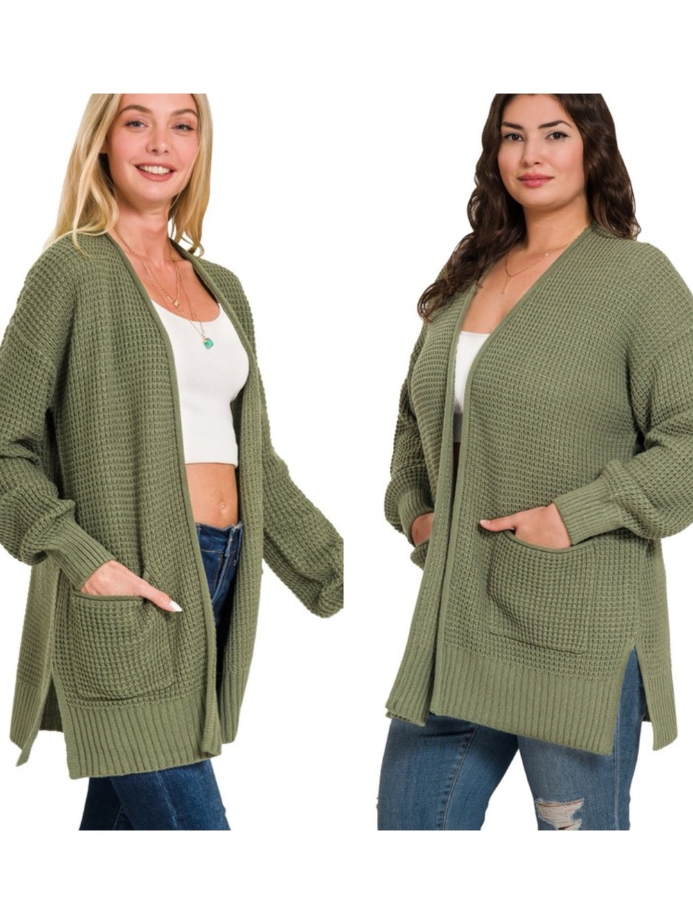Zenana Outfitters Olive Open Cardigan with Patch Pockets